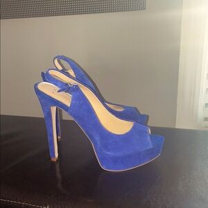 New Jessica Simpson Elegant Blue Suede Peep-Toe Slingback Heels